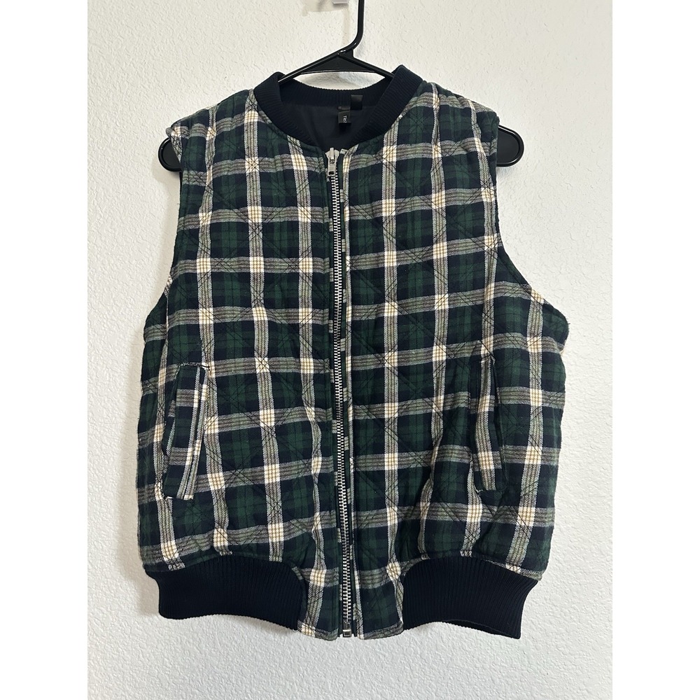 Y2K Tartan‎ Plaid Quilted Puffer/Bomber Vest 100% Cotton L Preppy Cottagecore